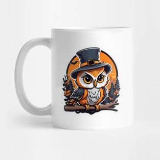 An owl wearing a hat and sitting on a branch Mug